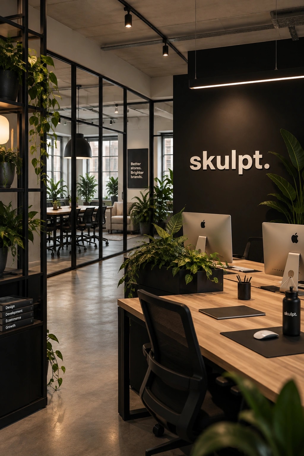 The Skulpt studio: a glass-partitioned meeting room beside a desk bank under the skulpt. wall sign