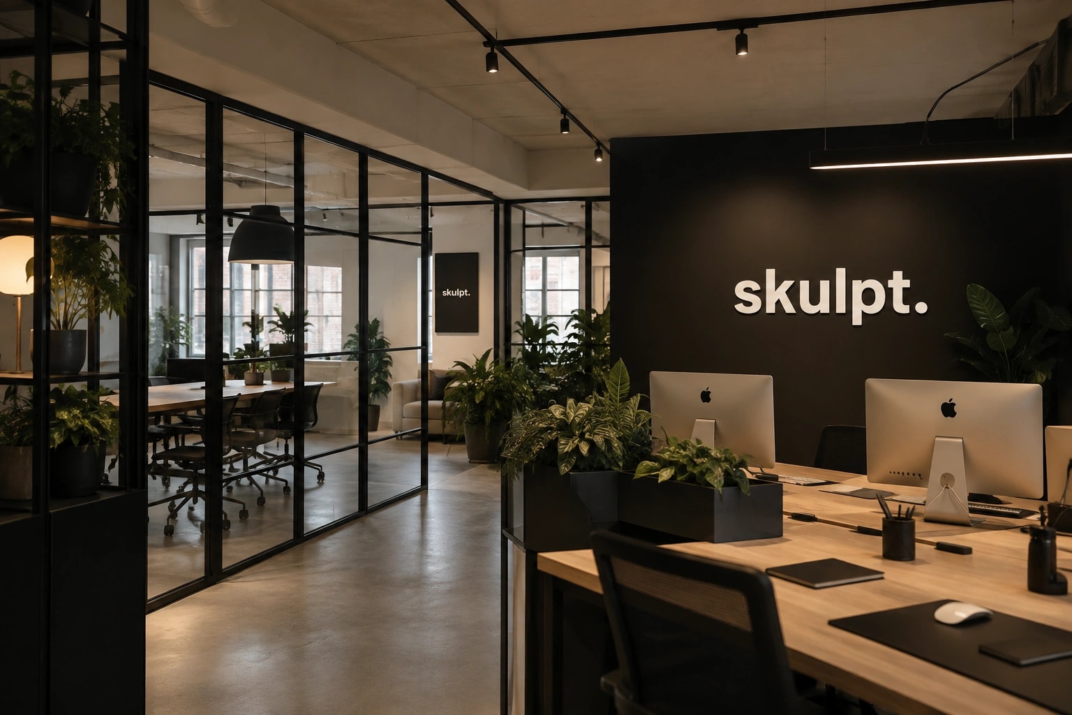 The Skulpt studio: a glass-partitioned meeting room beside a desk bank under the skulpt. wall sign