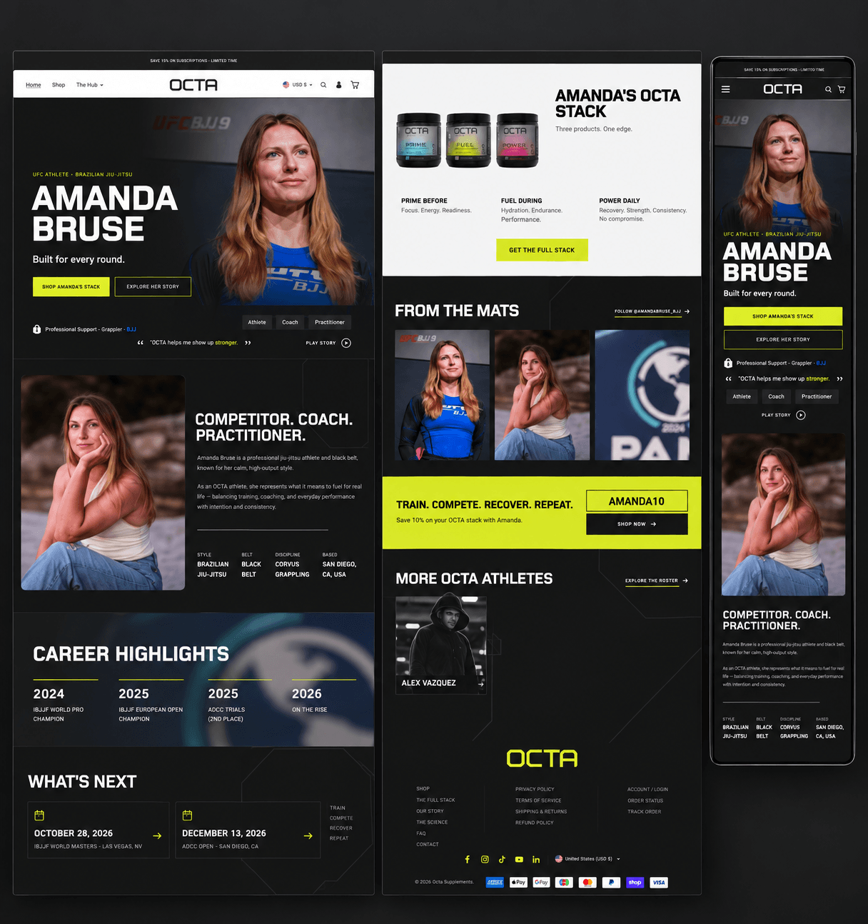 The Octa Nutrition athlete page for Amanda Bruse, shown across desktop and mobile: hero, bio, career highlights and her own product stack
